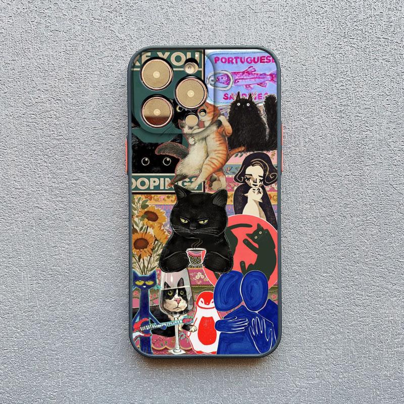 Artistic Image Stitching Black Cat Phone Case For iPhone 14 13 12 Mini 11 Pro Max 16 15 Pro Max Plus XS XR X 7 8 SE2 Back Covers