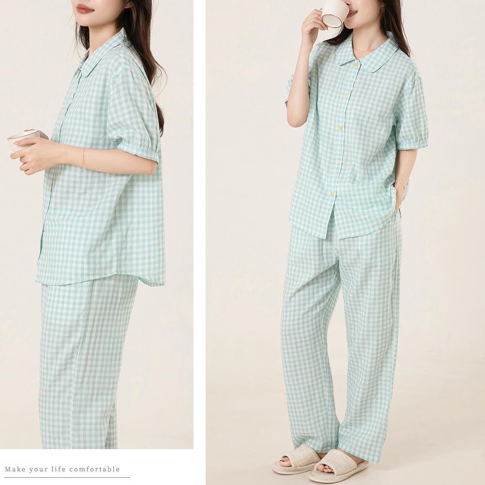 Yes Family Double Gauze Pajama Short Check Size Green Check Women's Set, 100% Cotton, Sleeves, Pattern, L,