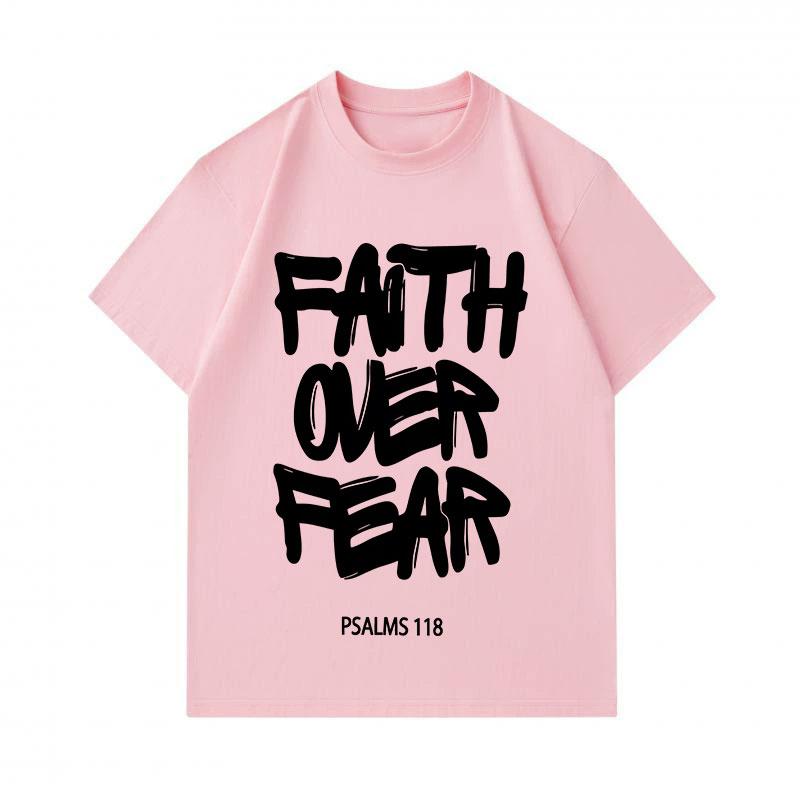 Men 100% Cotton Crew Neck Short Sleeve T-Shirt, Faith Over Fear Psalms 118 Print Casual Comfortable Tee, Religious Inspirational Graphic Loose Fit Sum