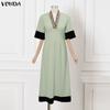 VONDA Elegant Women Half Sleeve Beading Webbing Stitching Casual Long  Maxi Dress