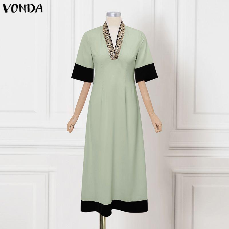 VONDA Elegant Women Half Sleeve Beading Webbing Stitching Casual Long Maxi Dress