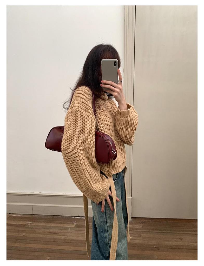 French Lazy Style High Neck Sweater: Tie-Up Knit Top for Women with Loose Long Sleeves