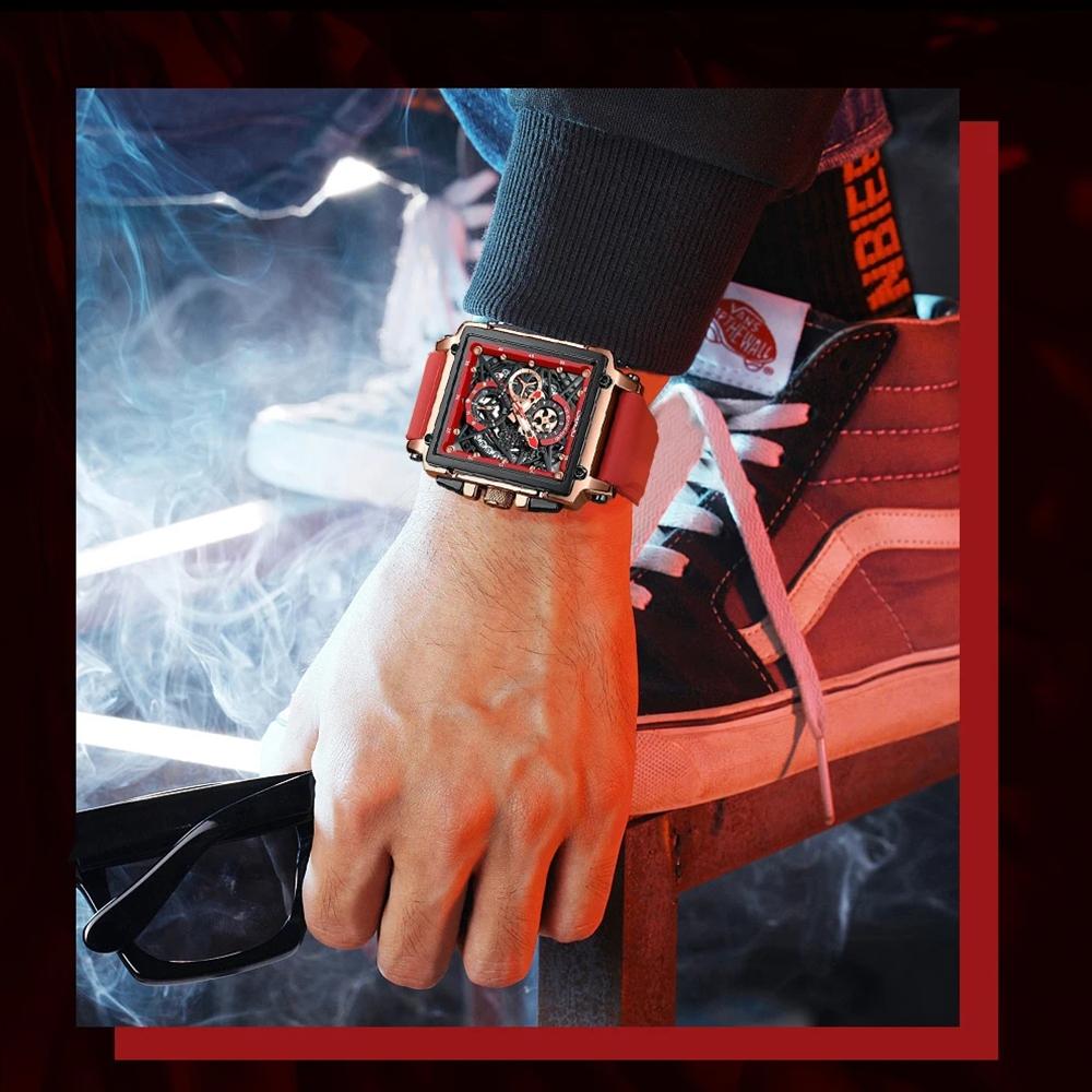 Men's Sports Chronograph Wrist Watch For Men Army Silicone Strap Square Quartz Stop Watch