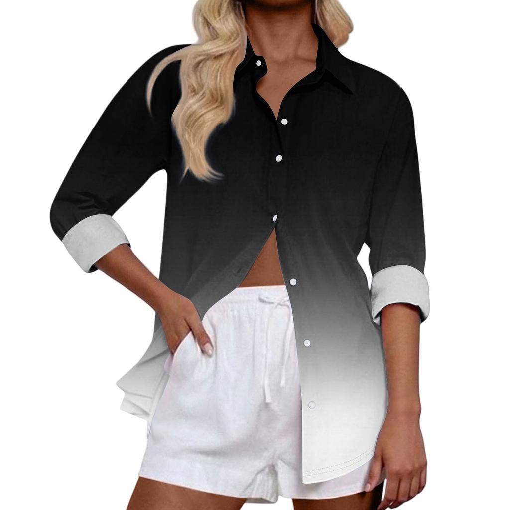 Women's Casual Fashion Tops Long Sleeve Button Loose Shirt