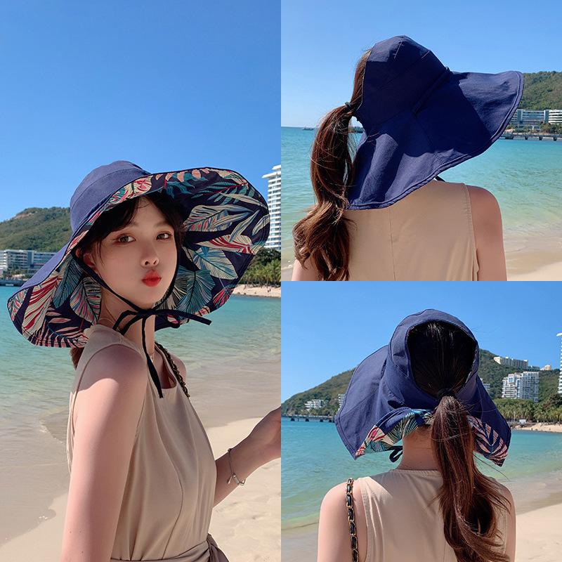 Summer Fashion Versatile Trendy Seaside Wide-brimmed Sunshade Empty Top Hat Double-sided Printing UV-proof Face Bucket Hat
