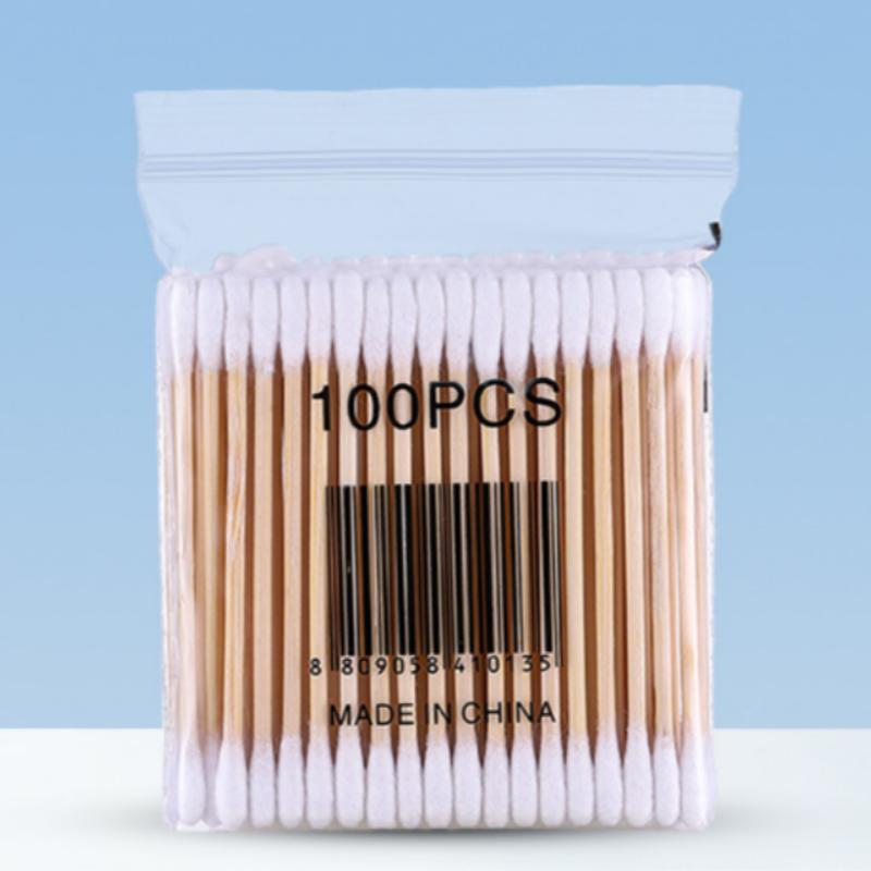 Double-ended 100-piece cotton swab, wooden stick, makeup cotton swab, cotton ear cleaner, makeup remover cotton swab, pointed tip
