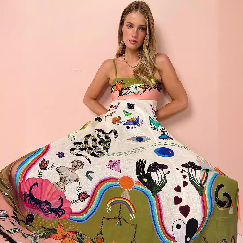 Sexy women's cotton and linen suspender graffiti print sleeveless big swing dress