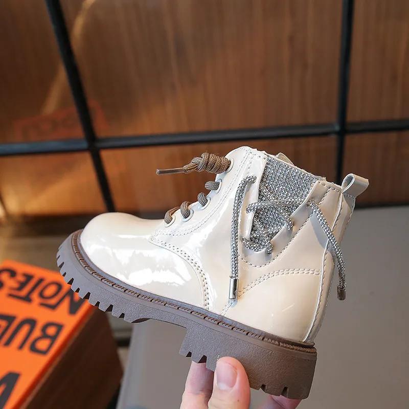 Mädchen dünne Pelzschuhe Mädchen Reißverschluss Stiefeletten Lackleder Martin Boot Kinder schnüren 2023 Kinder Winter rutschfeste Schuh
