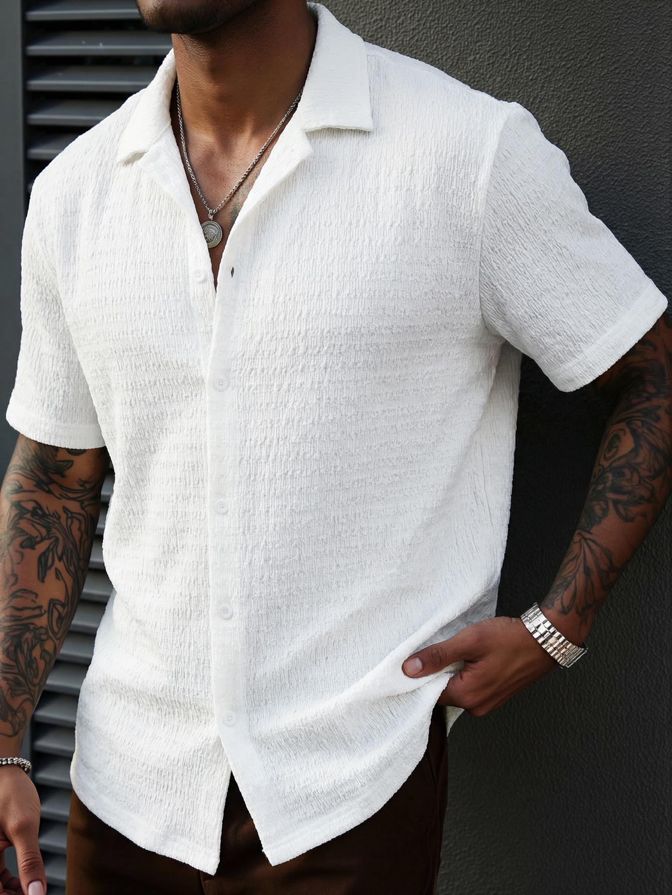 Mens Lapel Short Sleeve Button Jacquard Casual Shirt S