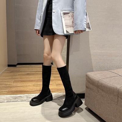 Dameslaarzen met dikke zolen lente- en herfstlaarzen dames knielange kleine zwarte laarzen elastische dunne hoge modieuze laarzen