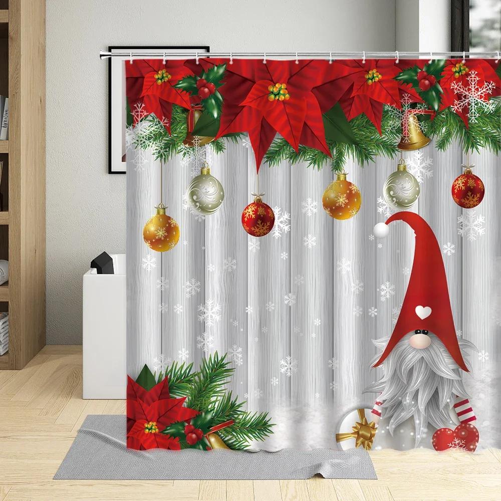 Merry Christmas Shower Curtain Santa Claus Elk Snow Scenery Tree Holiday Gift Red Decor Wall Cloth Bathroom Screen Curtains Sets