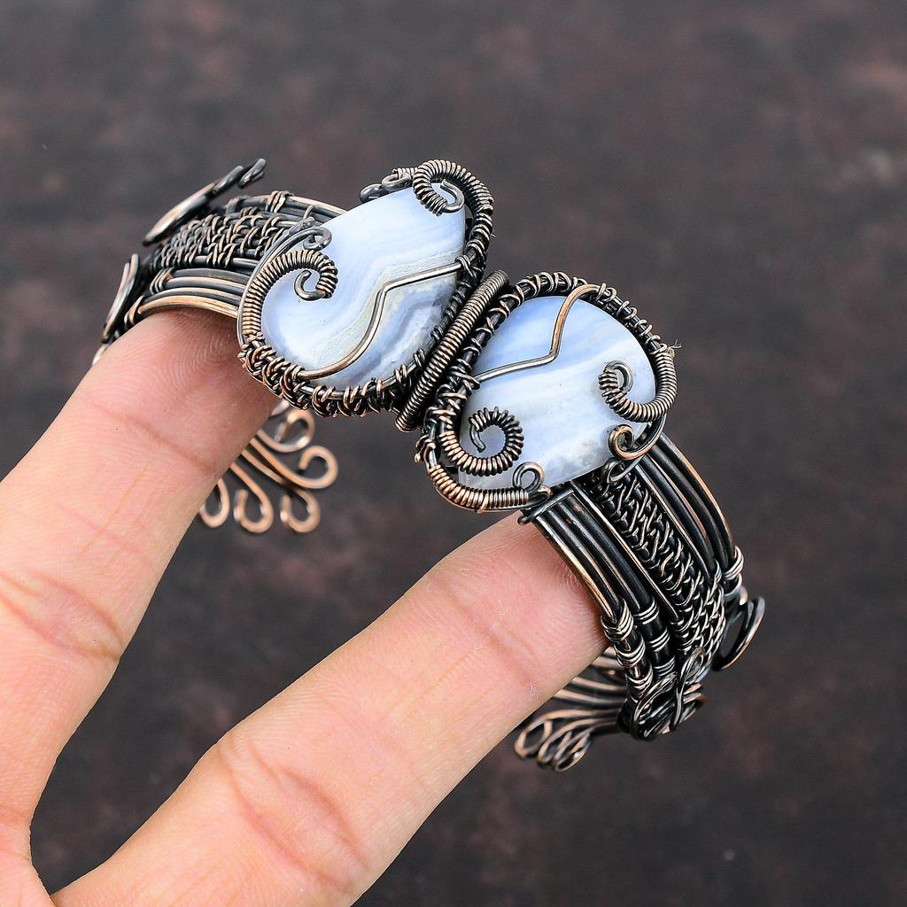 Blue Lace Agate Copper Bangle Wire Wrapped Cuff Bracelet Adjustable Bangle Handmade Gemstone Jewelry Gift For Mom Dainty Copper Wire Jewelry