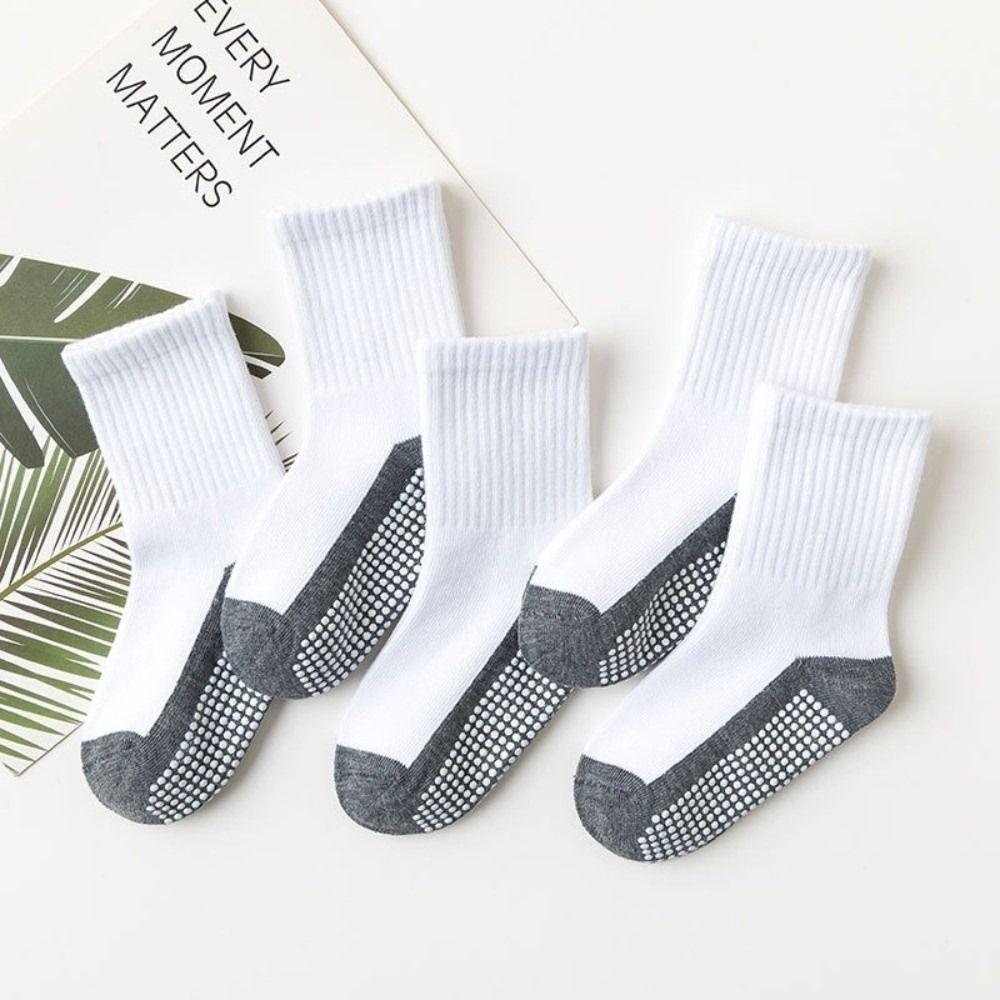 5Pairs Mid Tube Children's Floor Socks Solid Cotton Student Sports Socks with Grips  for Boys Girls