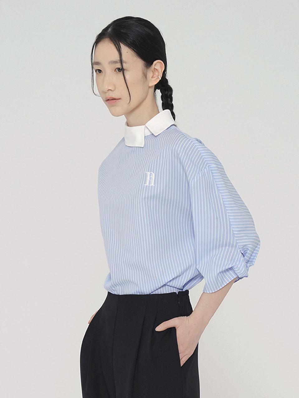 Ed Mang Sleeve Twist Color Block Stripe Shirt - Blue