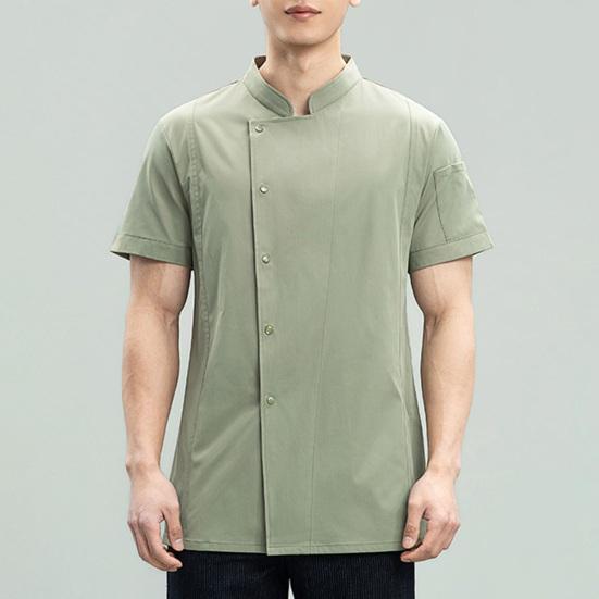 Chef Uniform Stand Collar Short Sleeve Chef Coat Single-Breasted Buttons Solid Color Workwear Professional Chef Apparel