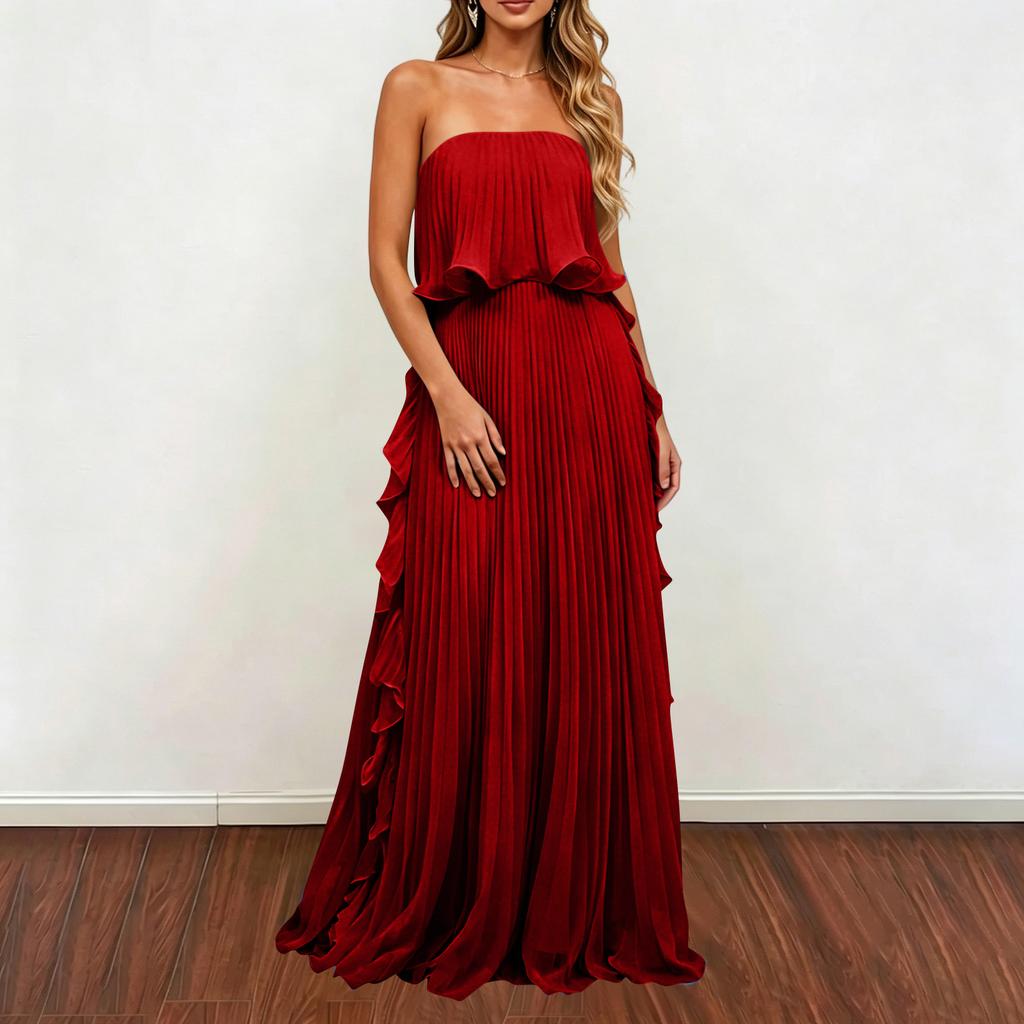 Women Strapless Pleated Maxi Dress Sleeveless Ruffle Hem Chiffon Evening Gown Long Length Summer Fashion Formal Dress