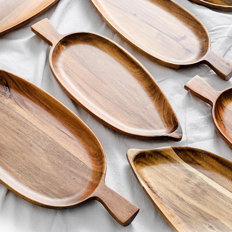 1Pc Acacia Wood Plate Leaf Shape Wooden Dessert Bread Plate Large Fruit Cake Tray Food Serving Platter Wooden Utensils Tableware