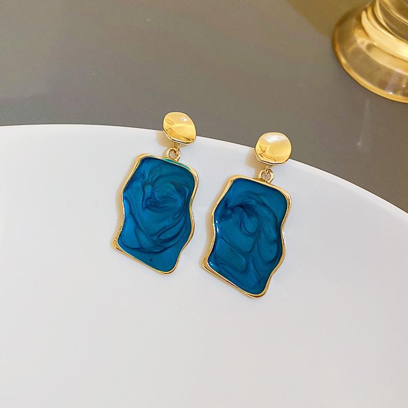 Retro Blaue Geometrische Hängeohrringe: 925 Sterlingsilber mit Tropfenöl-Finish