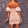 European and American New Satin Temperament Short Skirt, Chest Wrapping Lantern Sleeves Sexy and Thin Solid Color Dress