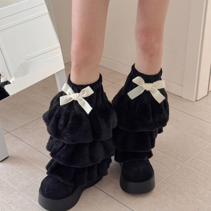 Women Plush Tiered Ruffle Leg Warmers with Bowknot Fuzzy Winter Boot Cuffs Thick Warm Furry Foot Covers Footless Socks