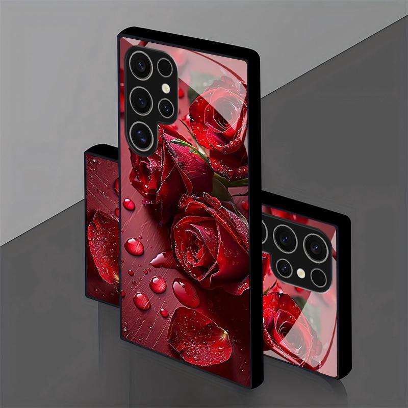 Water droplet rose pattern glass phone case suitable for Samsung Galaxy S26 S25 S24 S22 S21 S20 FE/Ultra/Plus hard case