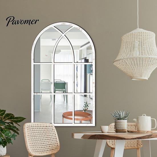 Adesivi Specchio da Parete Stile Boho Decorazione Finestra ad Arco, Specchio Finto Acrilico con Cornice in Legno, Adesivo da Incollare per Casa, Adesivo Autoadesivo per Vetro Finestra