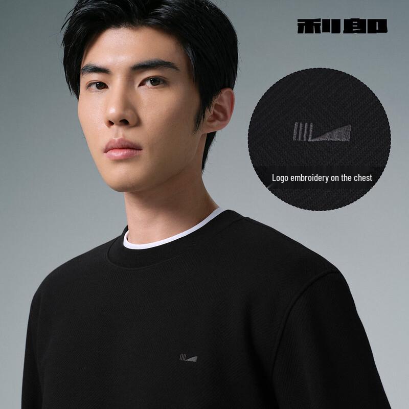 Lilang Men's Fleece-Lined Textured Jacquard Round Neck Long Sleeve T-Shirt