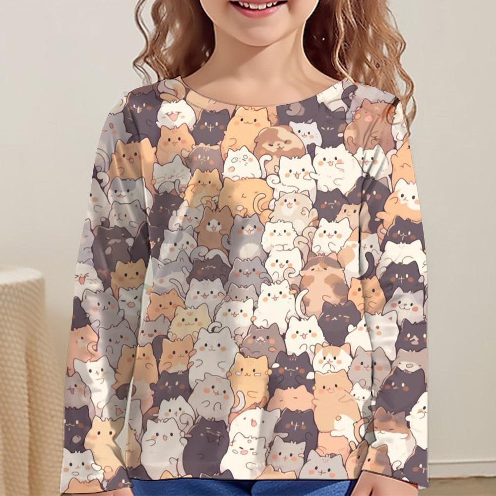

Мультяшный Кот Принт Детская Одежда для Девочек с Длинным Рукавом Детская Весенняя Летняя Одежда Повседневная Кавайная Детская Девочка Футболка с Круглым Вырезом Милые Топы 110
