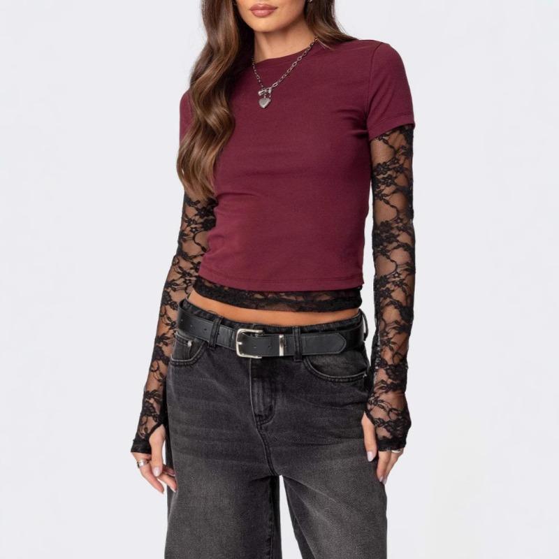 

Жіноча футболка з довгим рукавом, круглим вирізом, мереживною вставкою на рукаві та імітацією двошарового дизайну XL бордовий