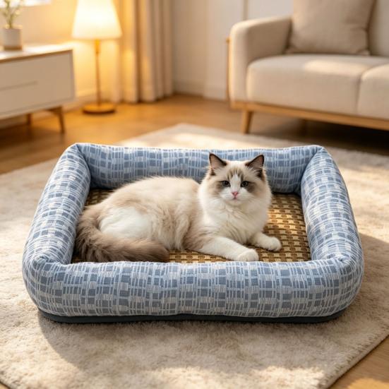 Summer Pet Cooling Bed Woven Cooling Mat Cat Bed Breathable Cooling Dog Bed with Raised Edges Anti-Slip Bottom for Small Dogs Cats