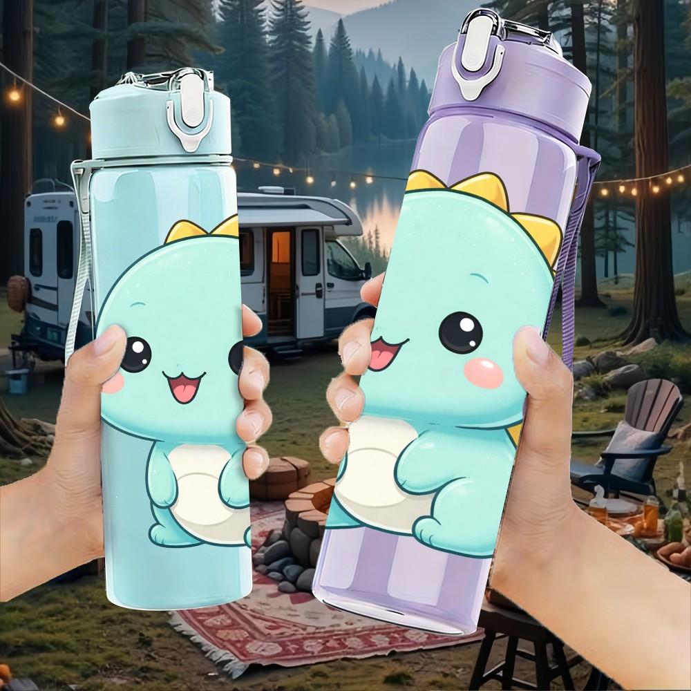 1PC Cute Baby Dinosaur Pastel Cartoon 750ml Color Plastic Sports Water Bottle Leakproof Flip Straw Lid Suitable for Sports Office Home Use