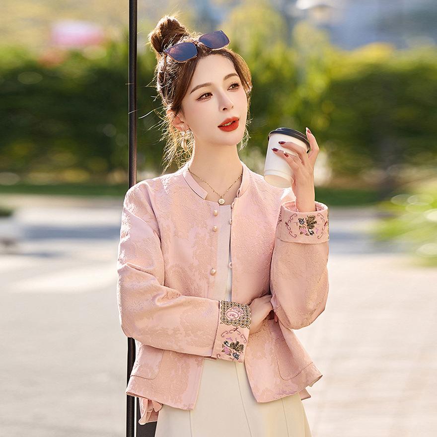 Pink coat women's short spring new jacquard embroidered front short back long top