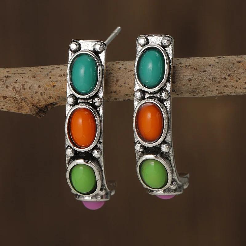 

Ethnic Oval Pink Orange Green Stone Earrings Vintage Silver Color Metal Personality Dangle Earrings for Women Jewelry