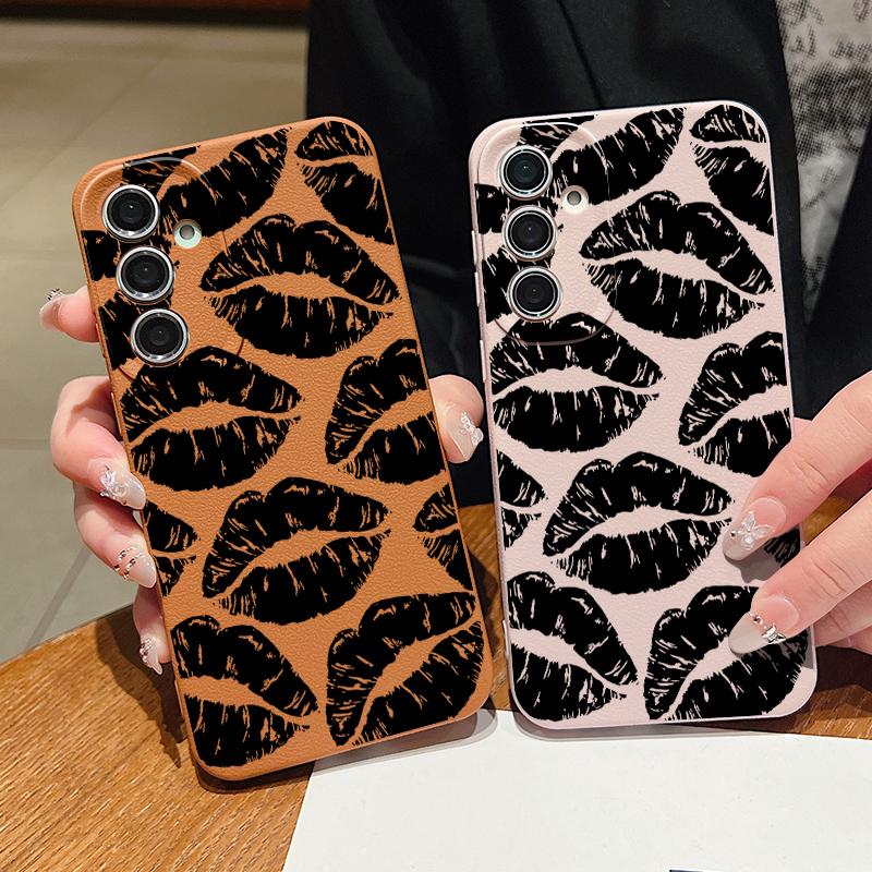 Black Lip Print Leather Texture TPU Case For Samsung Galaxy S24 FE S23 S22 Ultra A16 A55 A15 A54 A35 A25 A14 5G Soft Phone Cover