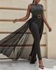 Black Sleeveless Rhinestone Mesh Jumpsuit with Waist Design