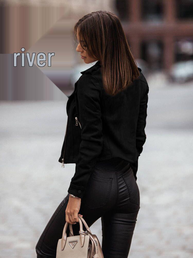 European and American Asymmetrical Zipper Suede Short Jacket