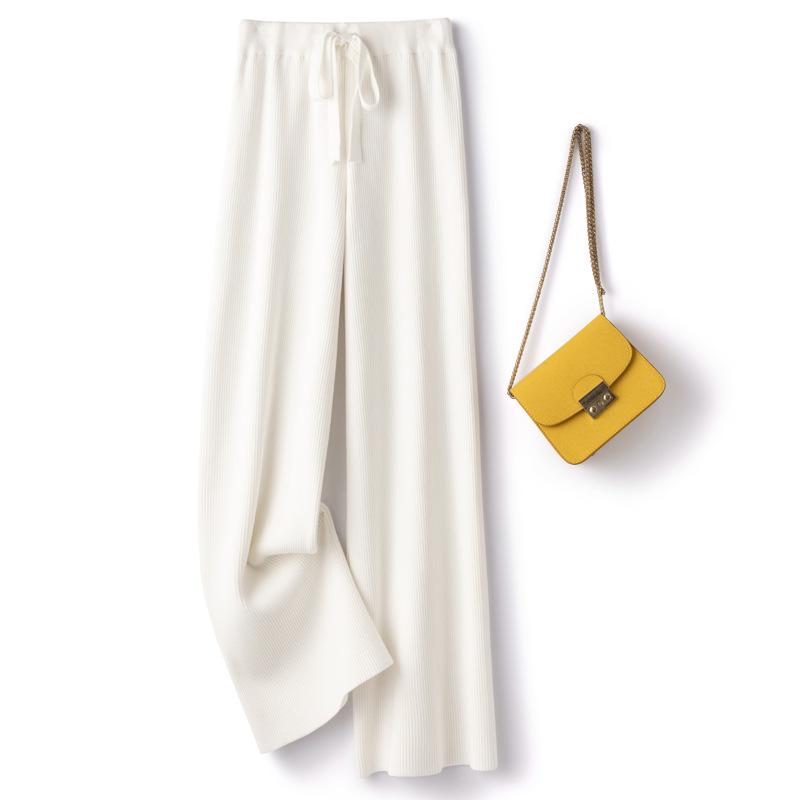 Women's White Wool Knit Wide-Leg Elastic High-Waist Floor-Length Pants — Autumn/Winter Drapey, Loose-Fit, Versatile, Straight-Leg Pants