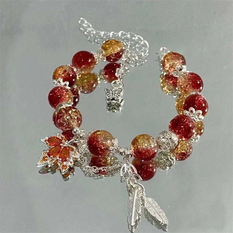 

New Trendy Red Crystal Beaded Maple Leaf Bracelet for Women Fashion Butterfly Feather Pendant Bracelet Friendship Zircon Gift
