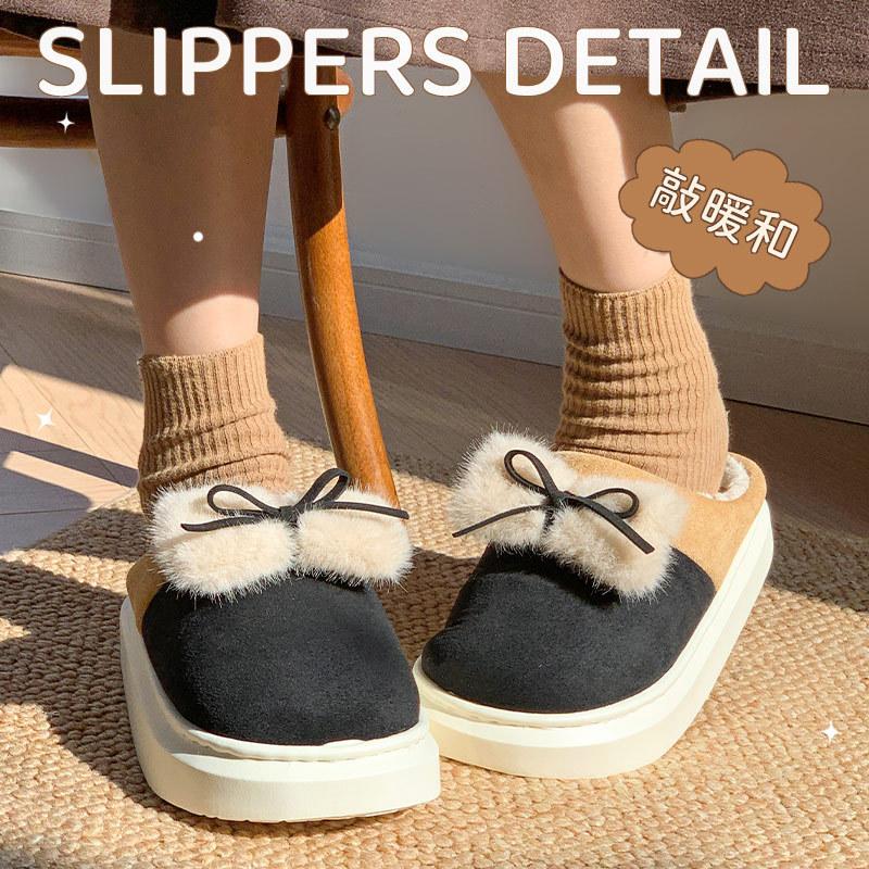 Winter new plush bow cotton mop casual outdoor wear indoor home slippers warm and velvet