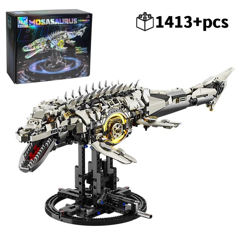 1413PCS Dinosaur Building Toys Light Up Mosasaurus Sea Dragon Technical Model Moving Joint Creative Home Decor Gift