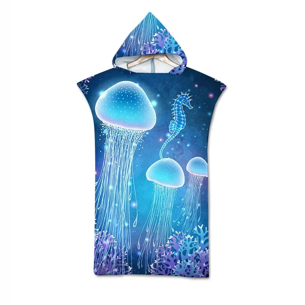 Jelly Fish Bath Beach Towel with Hood Microfiber Soft Hooded Robe Towel Poncho for Swimming Beach Surf Woman Bathrobe Beachwear
