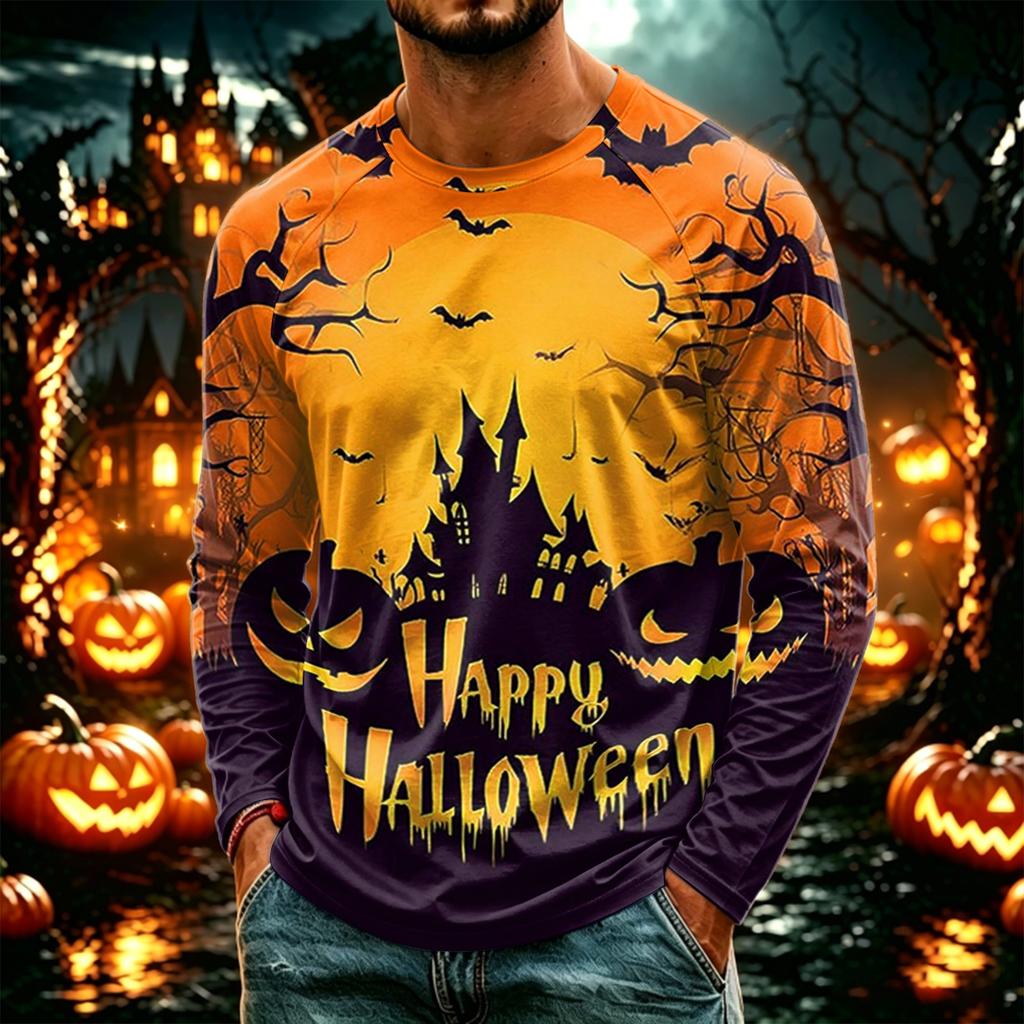 Men's Casual Halloween Print Neck Long Sleeve T-Shirt Lightweight for Daily Wear
