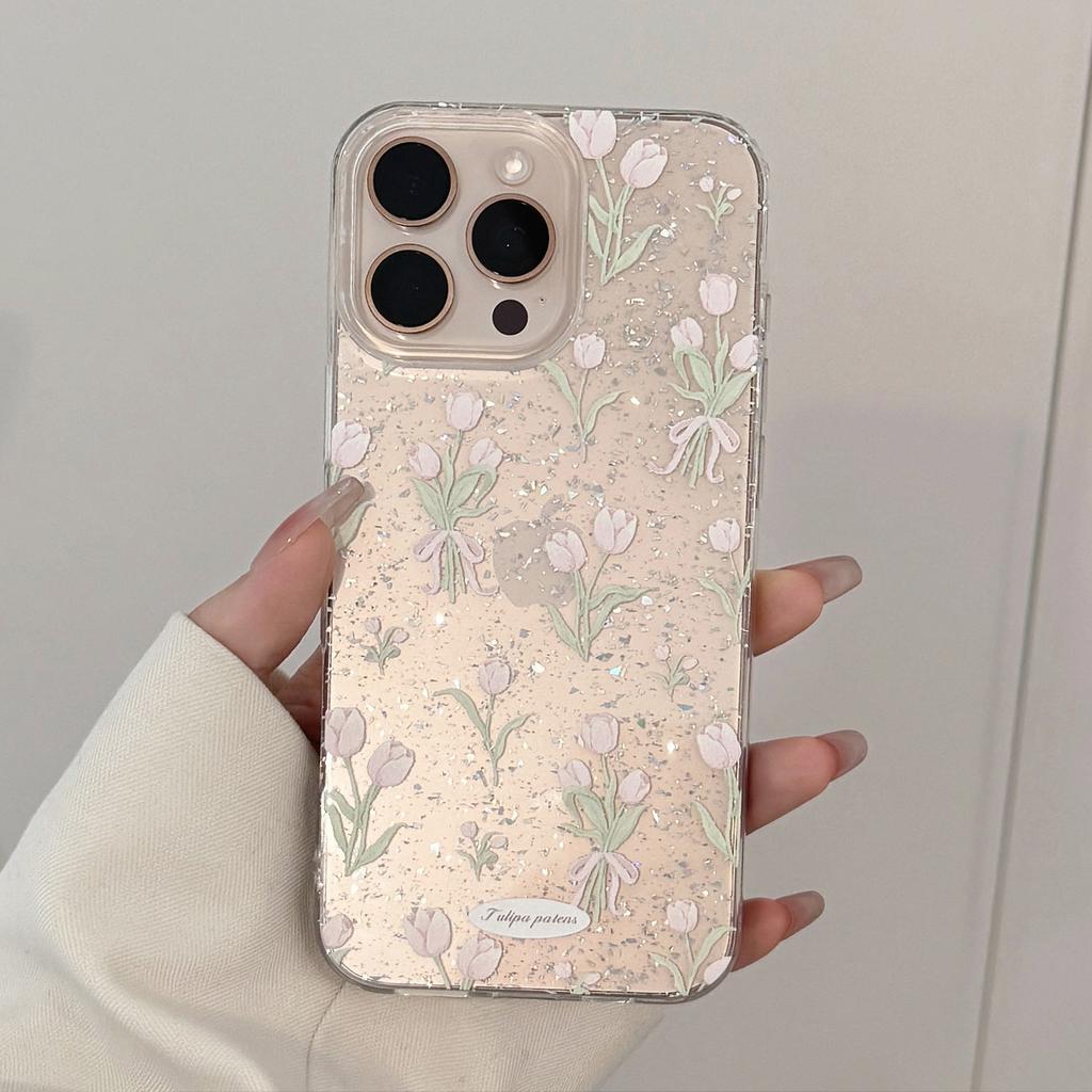 Spring Tulips Suitable for Apple 17promax Mobile Phone Case 16 Pink Beautiful Iphone14 Flash Powder 11 Anti fall