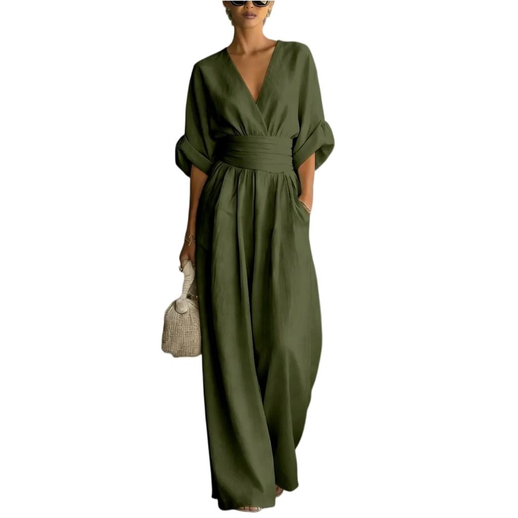 Tuta Elegante da Donna a Gamba Larga con Scollo a V e Cintura