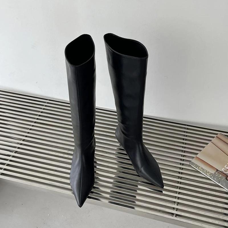 Modern Boots for Women 2024 Fashion Black High Female Shoes Square Luxury Low Heel Pointed Toe Ladies Knee Western Boots