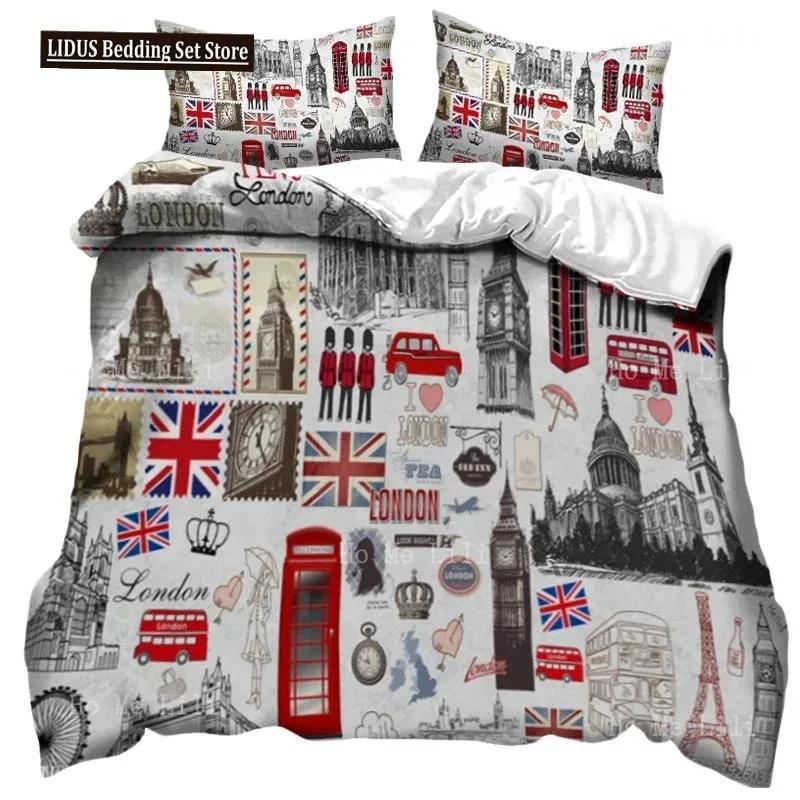 UK London Style King Queen Duvet Cover British Elements Bedding Set for Teens Adults London Bridge Big Ben Polyester Quilt Cover