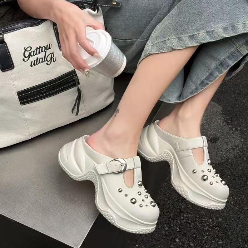 Fashion leather outer wear round head hole shoes women's new thick sole height increase small rivet hollow bag head drag