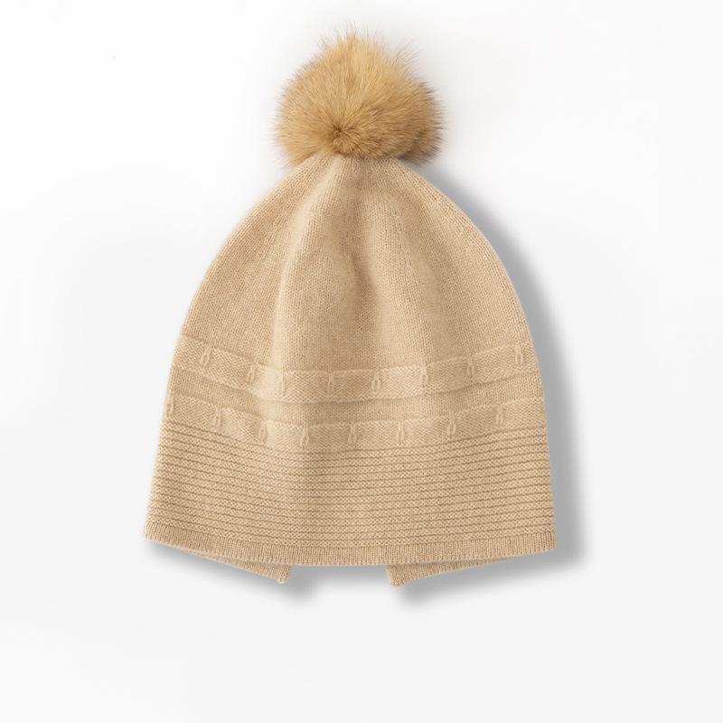 Cashmere Autumn and Winter New Style Women's High End Solid Color Striped Fur Ball Thickened Warm Fashion Knitted Casual Hat