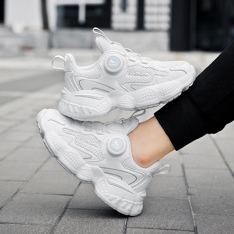 Middle-aged and Older Children's Little White Shoes Children's Versatile New 2025 Button Mesh Running Shoes Autumn Lightweight Sports Shoes Breathable