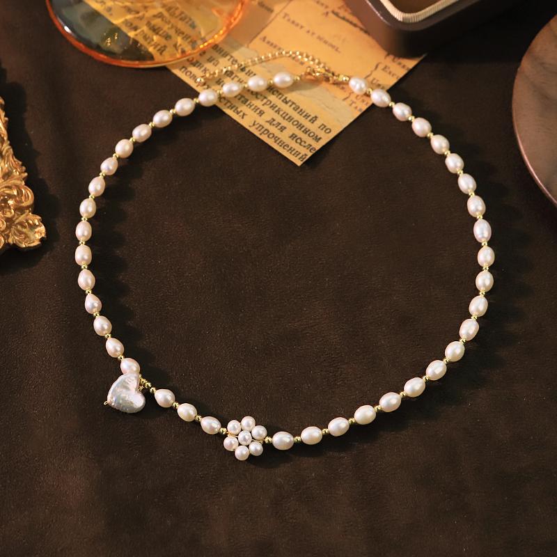 GLSEEVO Natural Freshwater Pearl Heart Flower Necklace for Wedding Bridal Engagement White Pearl Choker Korean Style Jewelry